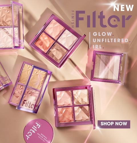 New Collection Filter Finish range launch products. 2 multi use face palettes, 2 contour palettes, 2 blush and bronze bricks and 2 loose setting powders
