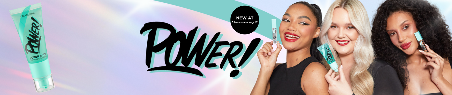3 women holding power grip primer & glitter liners 