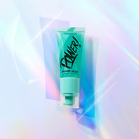 Power hold gripping gel primer. Turquoise green primer in turquoise green bottle with holographic multi-coloured background.